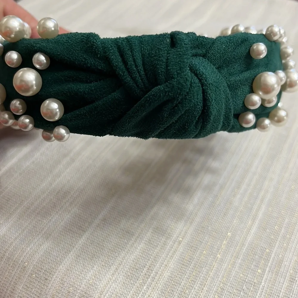 Green faux suede with pearls headband
